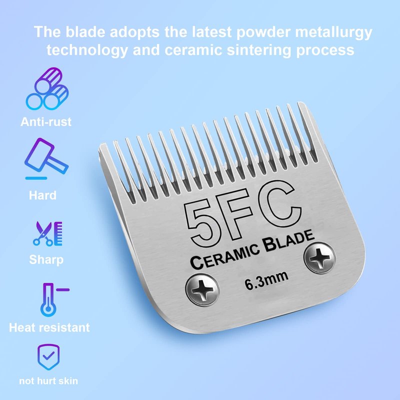 Detachable Pet Dog Grooming Clipper Ceramic Blades,Compatible with Andis Size 5FC 1/4”(6.3mm) Cut Length,Compatible with Oster A5,Wahl KM10 Series Clippers