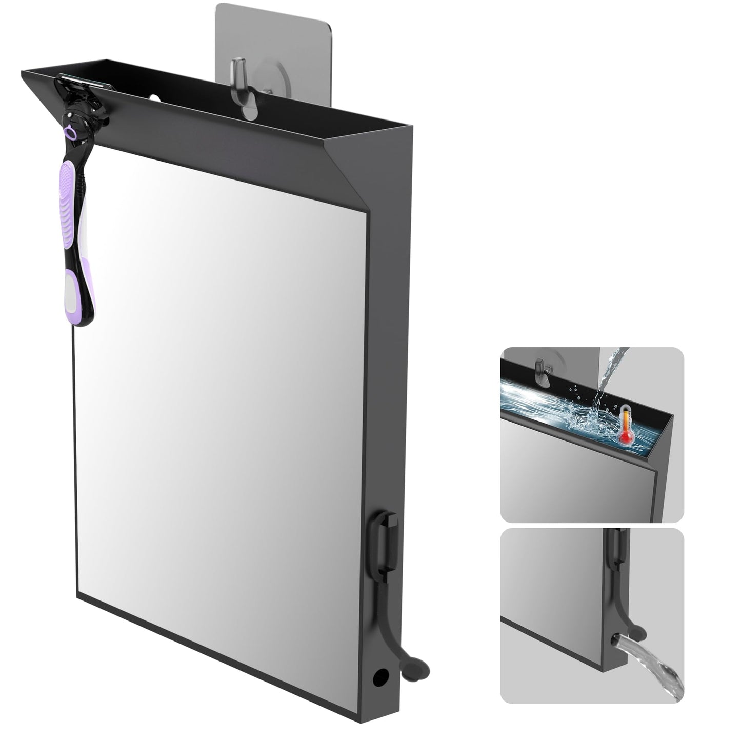 saiggnyy Wall Mount Anti Fog Mirror for Shower,Large Black Mirror for Bathroom,Hot Water Powered Defogging Shower Mirrors for Shaving for Women Makeup,Heated Makeup Mirror Hanging with Hook