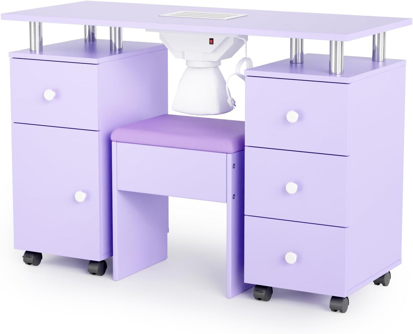 Nail Desk and Chair Set - Acetone Resistant Manicure Table with Dust Collector & Storage Drawers | White