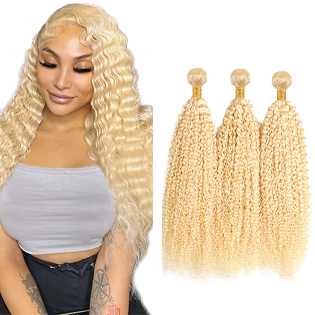 Blonde Bundles Human Hair 613 Kinky Curly Bundles Human Hair 18 20 22 inch 3 Bundle AuokMar Brazilian Unprocessed 613 Blonde Curly Wave Bundle 300g