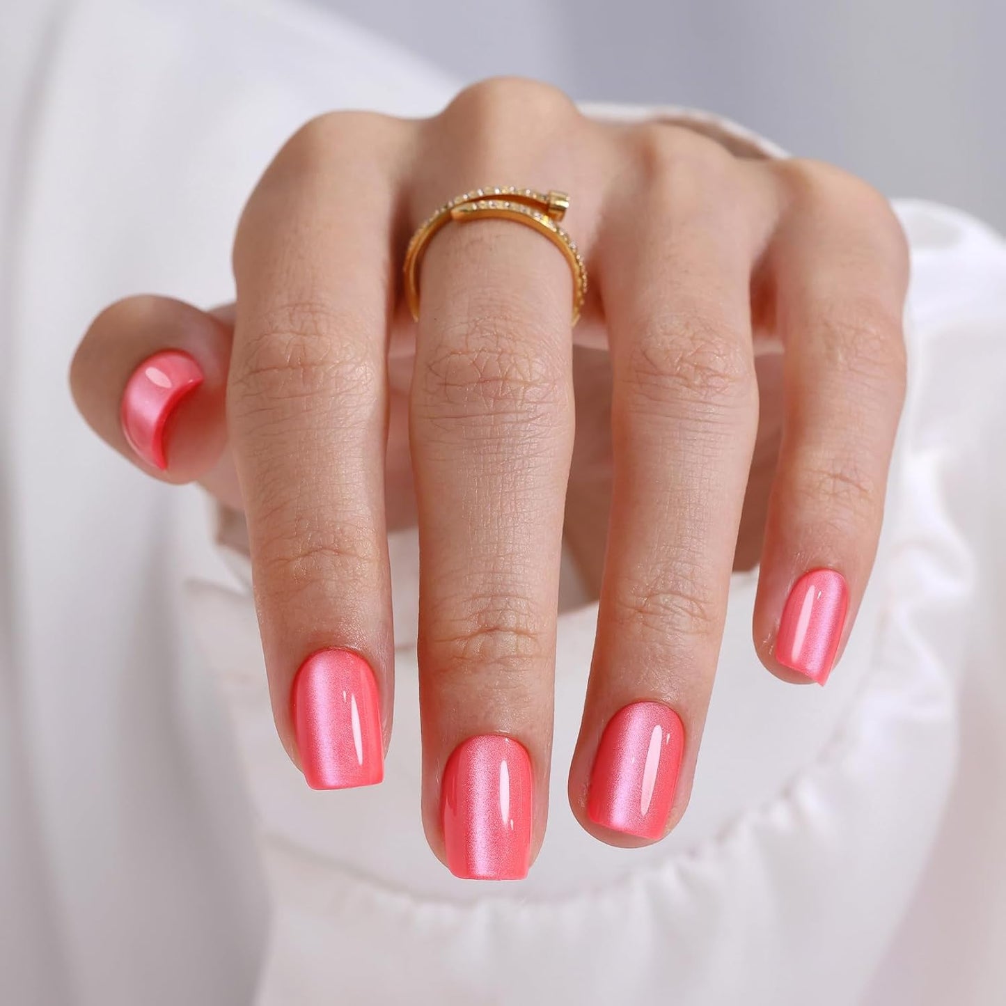 Chrome Press On Nails - Oval Soft Gel Nude Short for Women | 32 Reusable Glossy Glue-On Nails in 16 Sizes