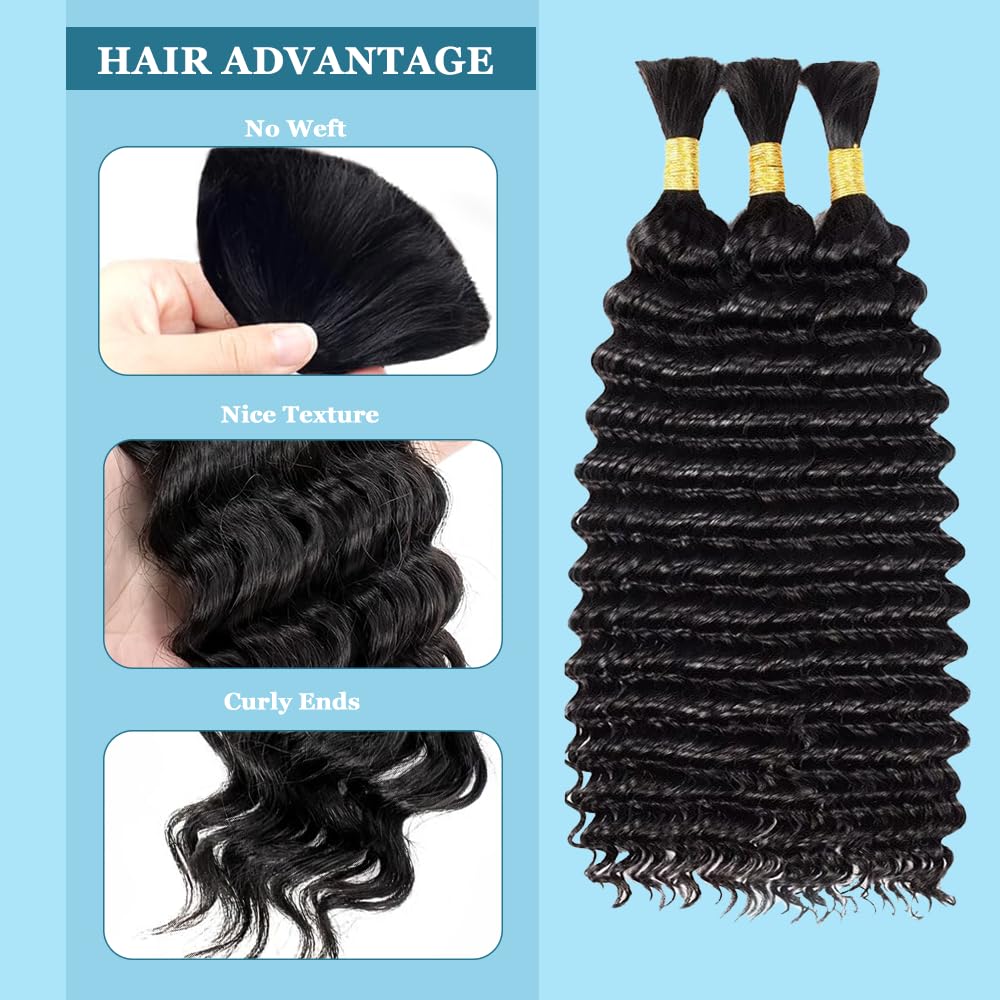 20 20 20 Inch Bulk Human Hair for Braiding Deep Wave 1B Natural Black Color Human Braiding Hair Extensions for Boho Braids Deep Wave Virgin Curly Bulk 3 Bundles Total 150g