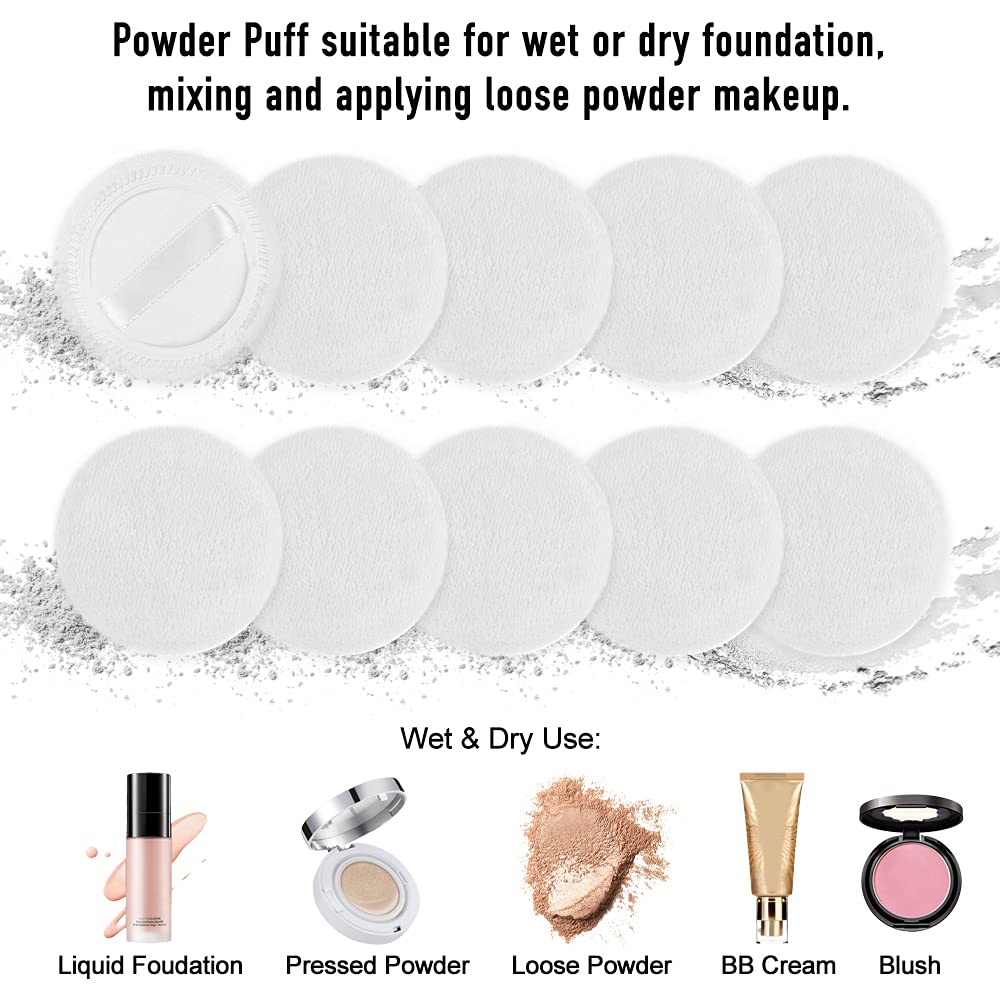 Cosmetic Powder Puffs - 10pcs Soft Cotton Makeup Pads with Ribbon | 2.36 Inch White