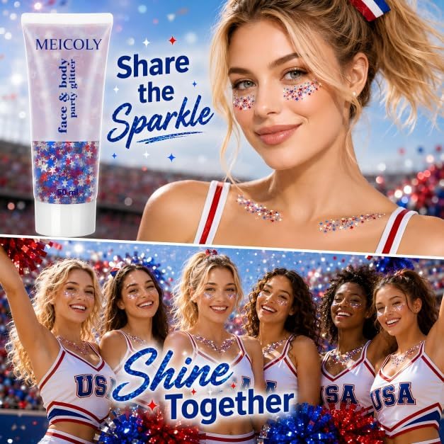 Star Shaped Red White and Blue Body Glitter Gel - 50g Patriotic Face & Hair Glitter for 4th of July Outfits