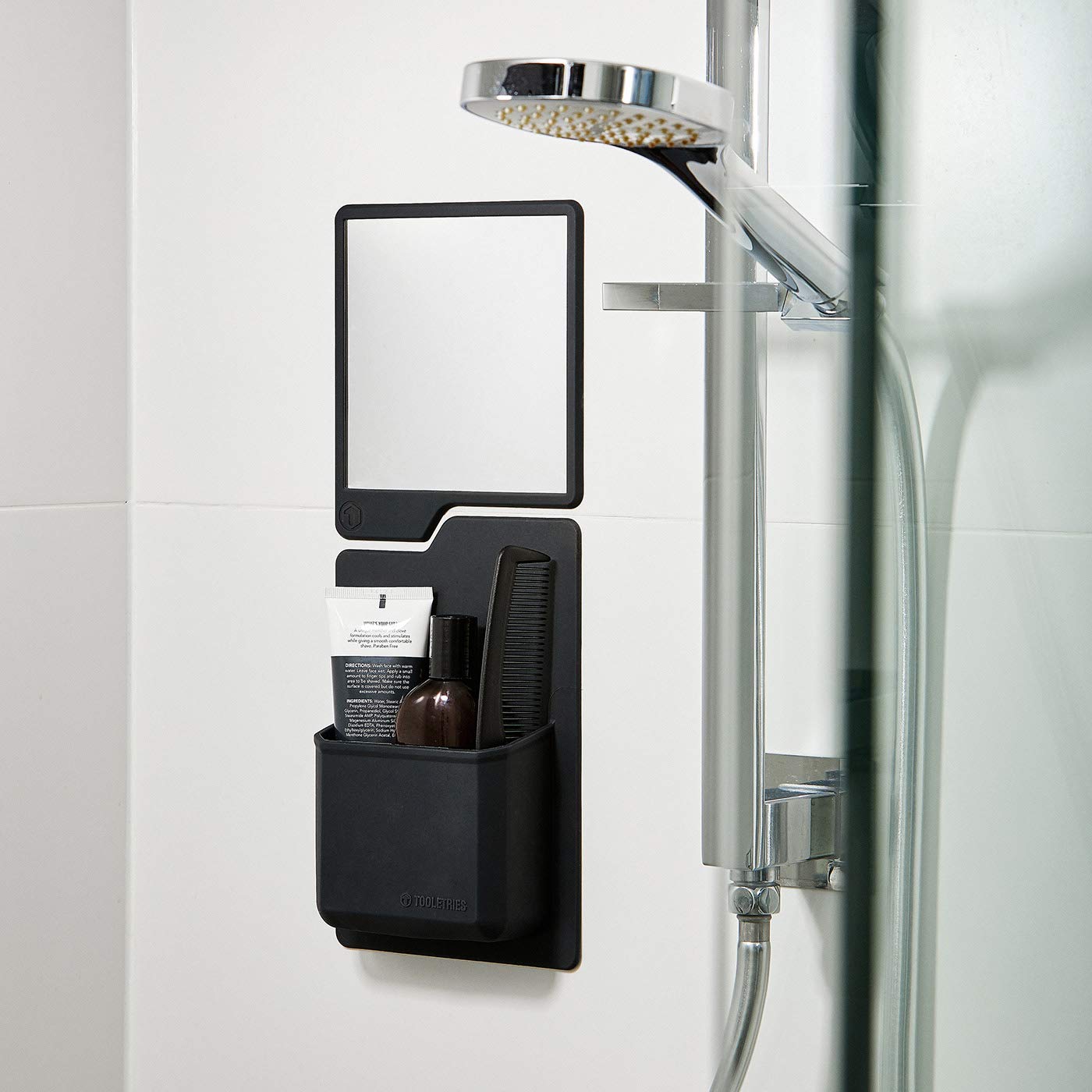 TOOLETRIES Oliver Shower Mirror - Premium Shower Mirror for Shaving, Grooming - 100% Silicone - Shatterproof Mirror - Grips to Shiny Surfaces - No Suction Cups - No Adhesives - Charcoal