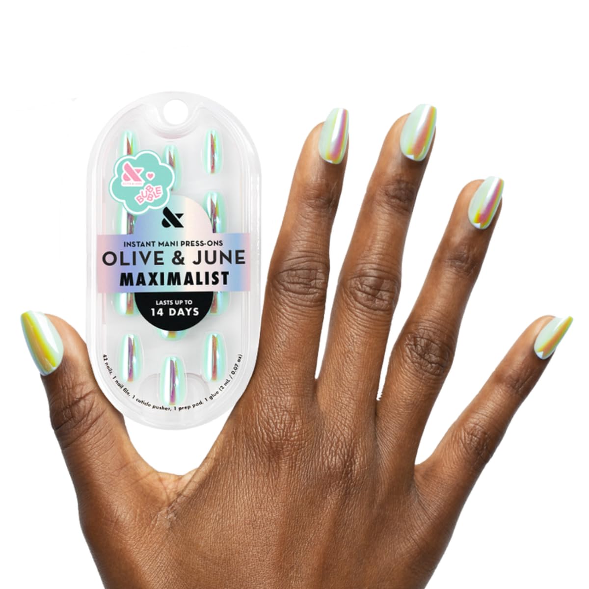 Maximalist Press-On Nails - Non-Toxic, Long-Lasting, Salon-Quality | 42 Fake Nails in 21 Sizes - Short Round Sky Chrome