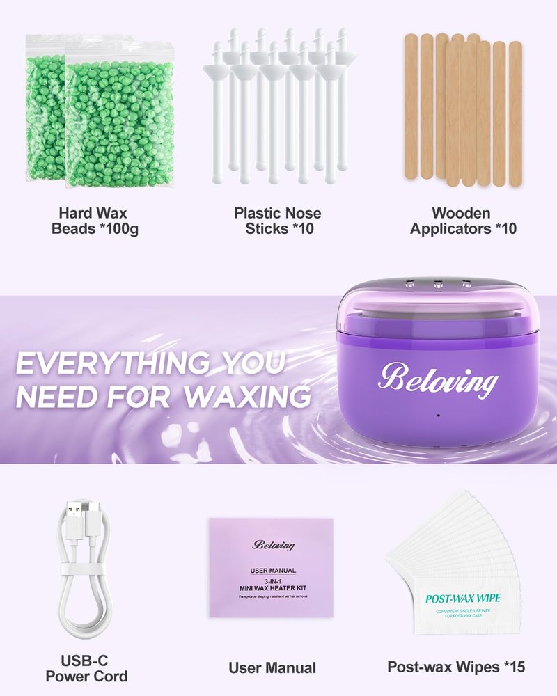 Nose Wax Kit Men, Mini Wax Warmer for Facial Hair Removal, Ear Eyebrow Waxing Kit for Women Men With 100g Beads, 10 Applicators, 10 Nose Sticks, Portable Melt Machine for Home Travel Use - Purple