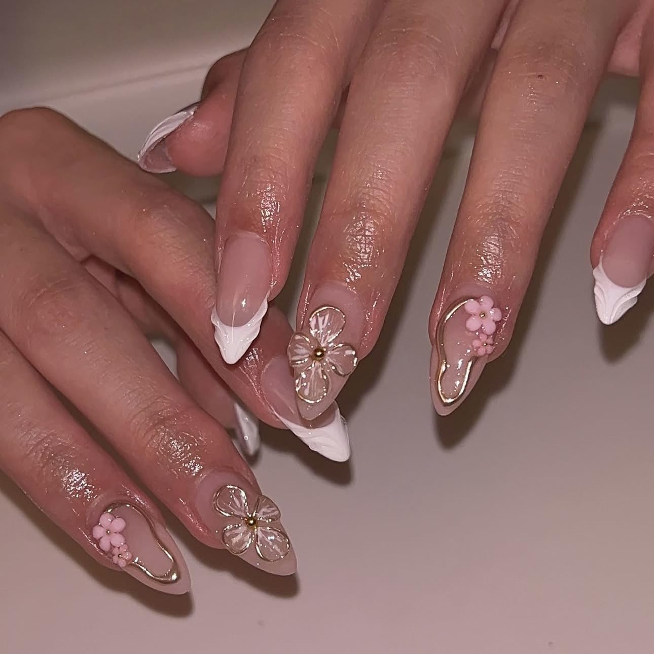 French Tip Press-On Nails - 24Pcs White Wave Almond Design | 3D Gold Foil & Pink Flowers