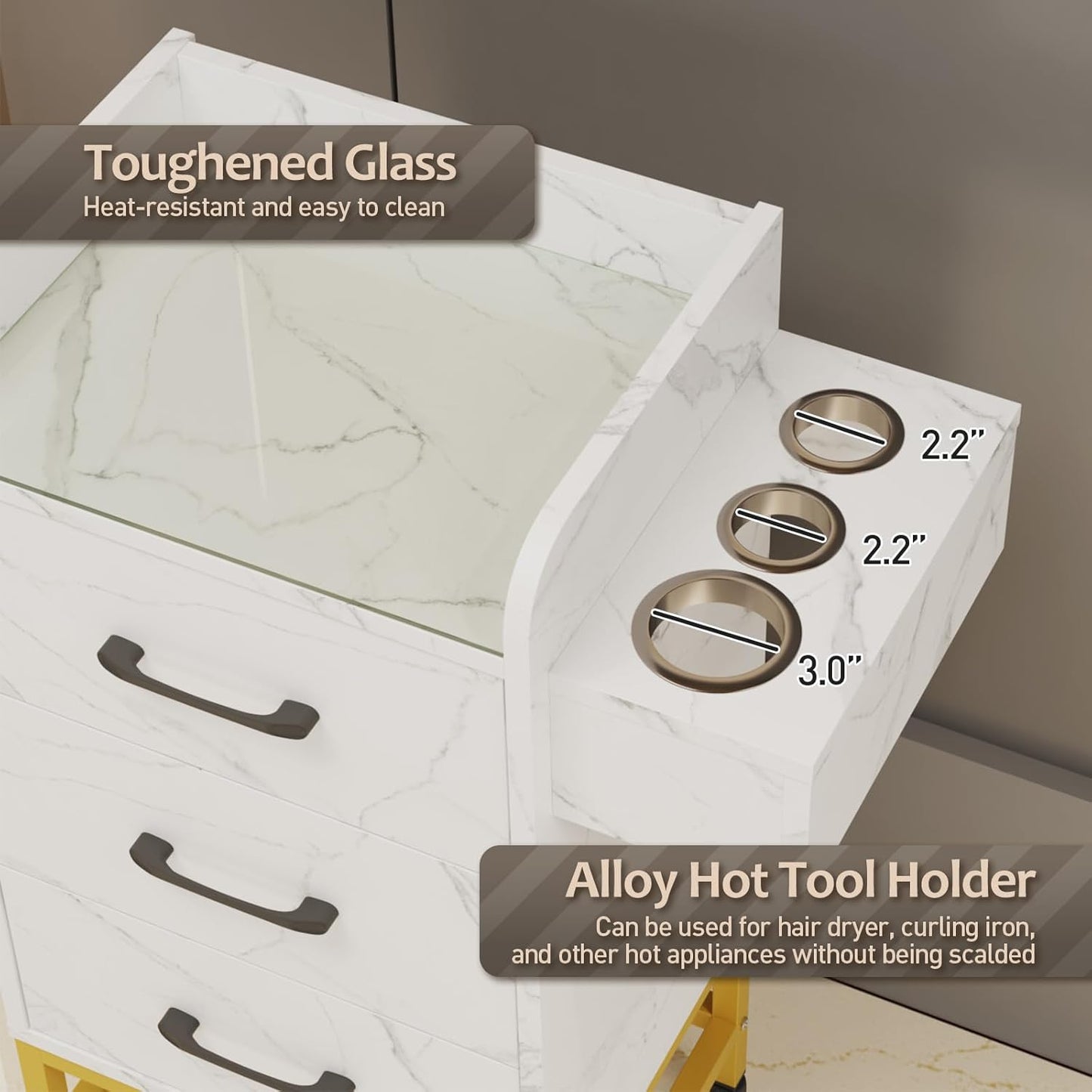 Salon Storage Trolley Cart - Rolling Barber Station with Toughened Glass Top & Lockable Wheels | White Marble Finish