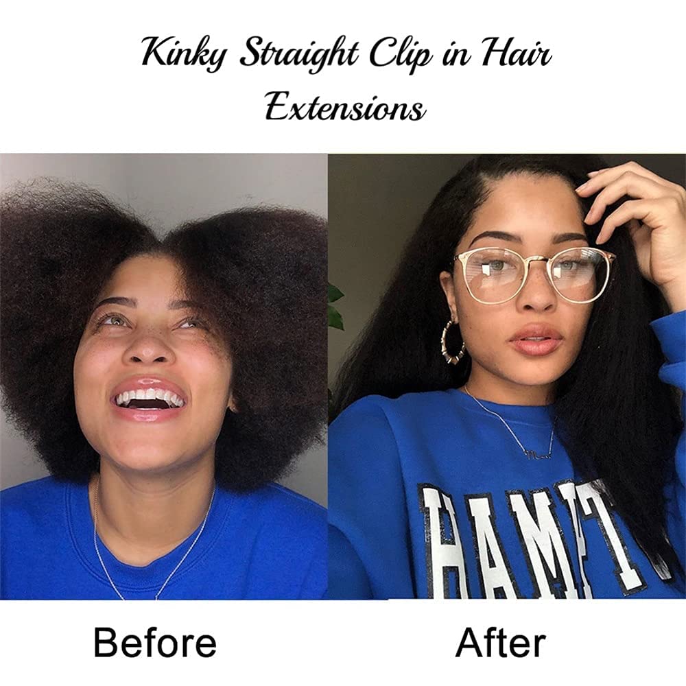 Mihugass Kinky Straight Clip In Hair Extensions Human Hair For Black Women Kinky Straight Clip Ins #1B Natural Color Full Volume Natural Texture for Daily Wear Work Travel 8pcs 120g 22 Inch