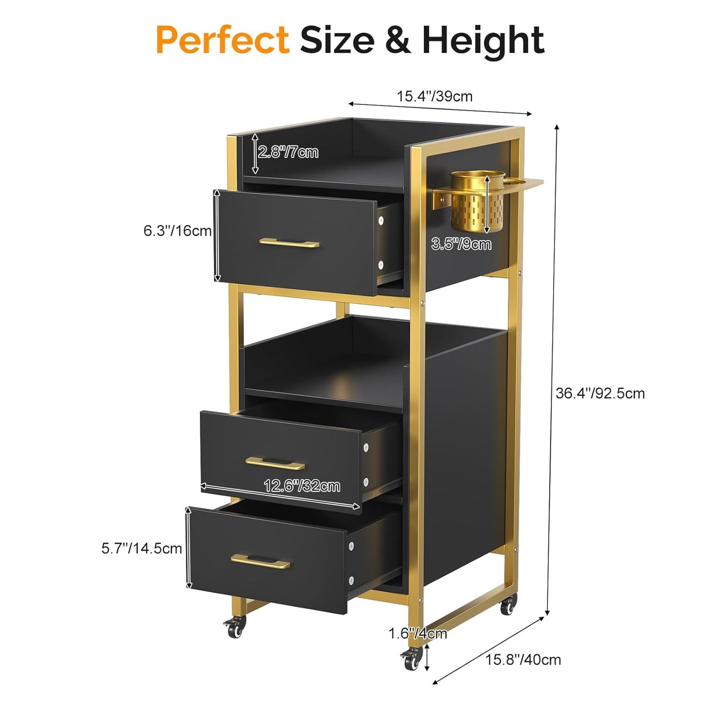 OmySalon Hair Styling Station Trolley Cart - Mobile Barber Storage with 3 Drawers & 2 Shelves | Black