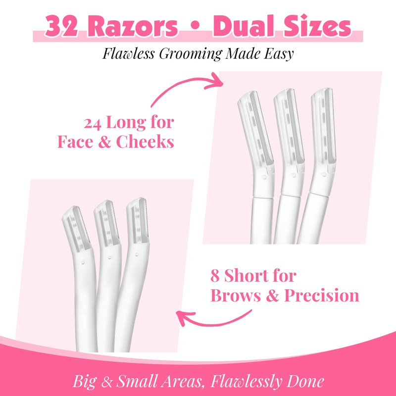 32-Pack Face Razors for Women – Dermaplane & Eyebrow Razor Set, 24 Long + 8 Short Precision Blades for Peach Fuzz Removal, Gentle Exfoliation, Ideal for Stocking Stuffers (Clear)