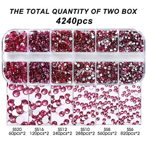 Hot Pink Rose Glass Rhinestones for Nails Crafts & Clothes - 4240PCS, 6 Sizes