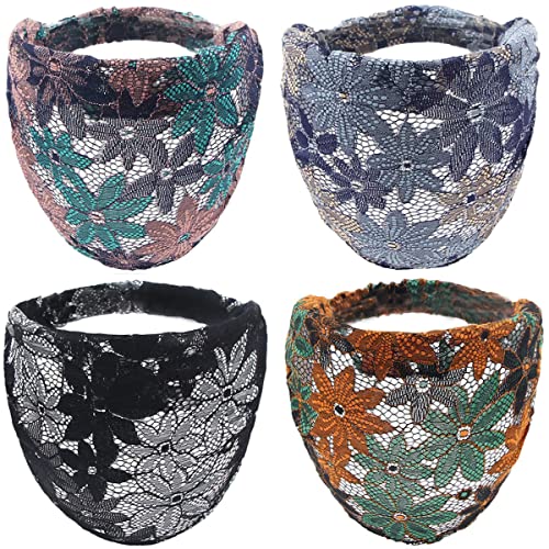 4 Pack Lace Elastic Headbands for Women & Teens - Flower Design
