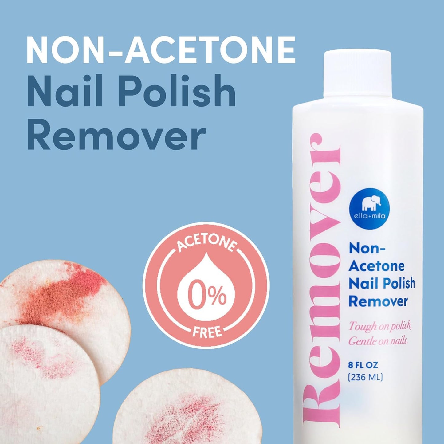 Ella+mila Nail Polish Remover - Gentle Non-Acetone Formula | Nourishing & Vegan, 8oz