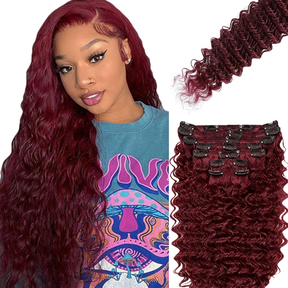#99J Burgundy Clip in Hair Extensions Real Human Hair, 32 Inch 120g/7Pcs,Full Shine Remy Human Hair,Wine Red Deep Wave Clip ins Brazilian Virgin Human Hair Extensions