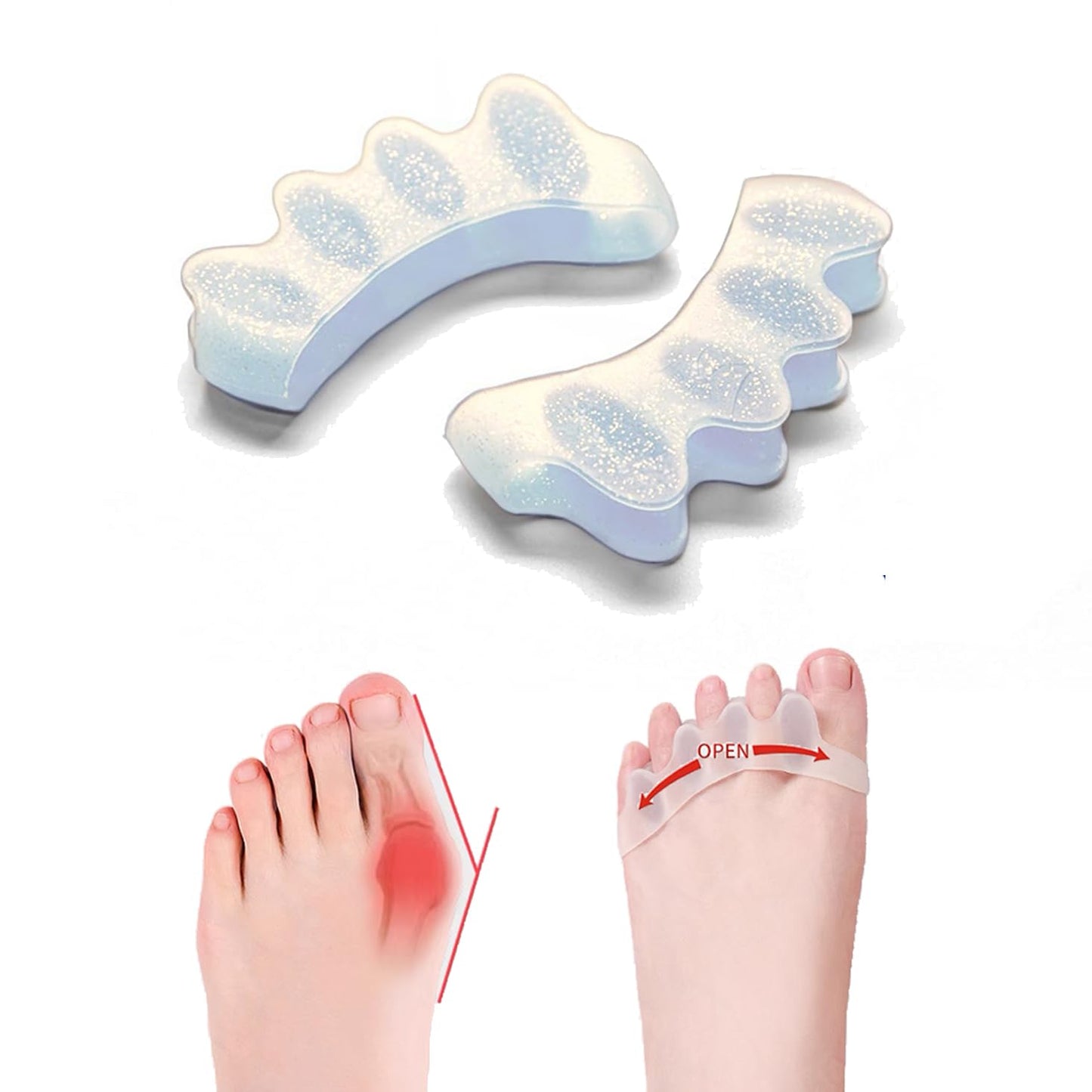 Silicone Toe Separators - Gel Spacers for Bunions & Overlapping Toes | 2 Pcs, Reusable, Flexible (Transparent)