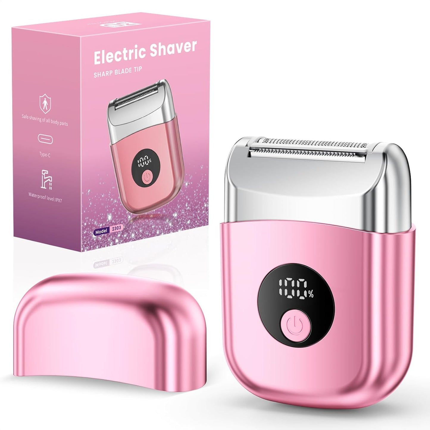 Cordless Electric Razor for Women - Rechargeable Travel Shaver with LED Display | Pink, Versatile for Face & Body