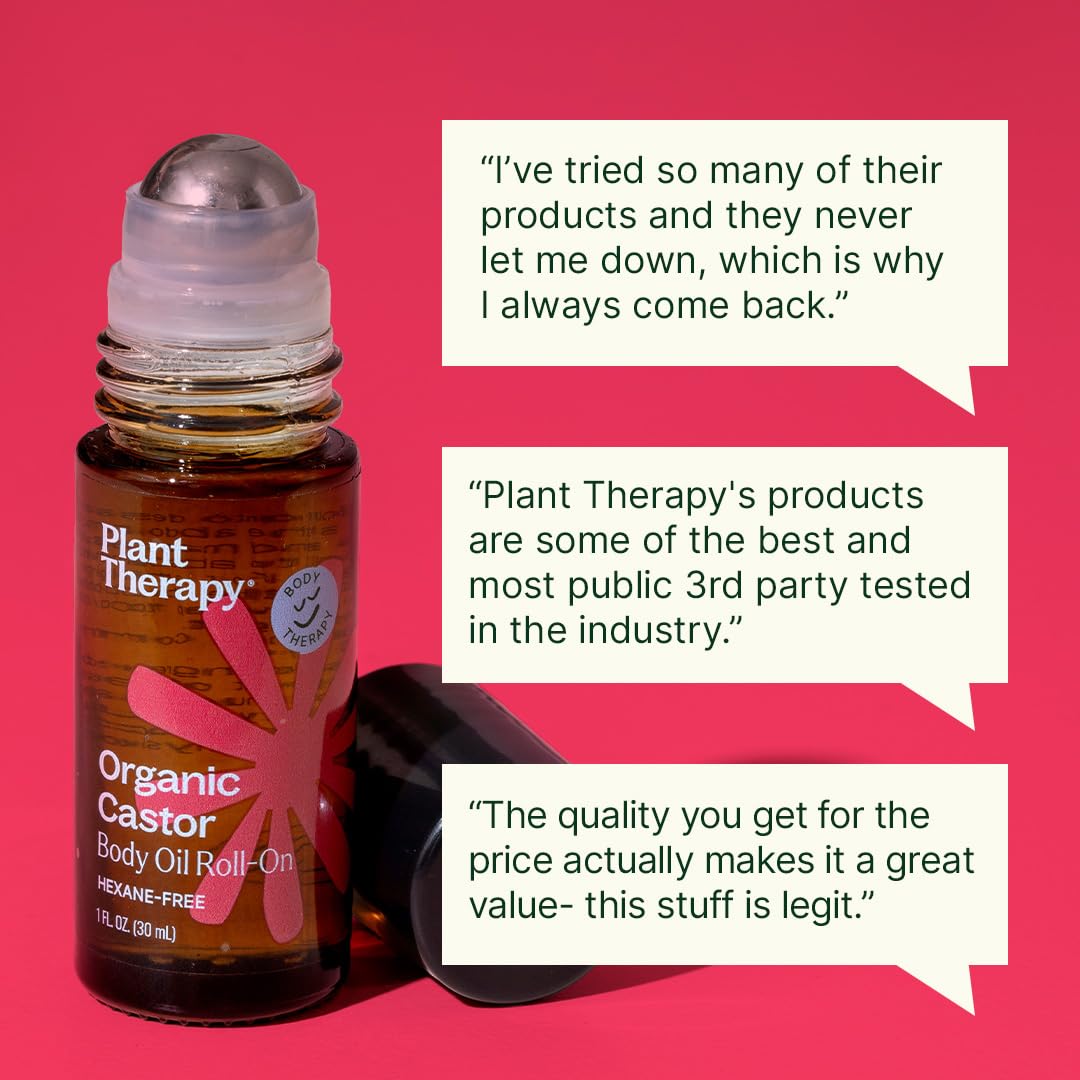 Plant Therapy Organic Castor Oil Roll On 30 mL (1 oz) Convenient Mess-Free Body Oil Roll-on for Easy Application, Cold-Pressed & Hexane-Free, Third-Party Tested for Purity