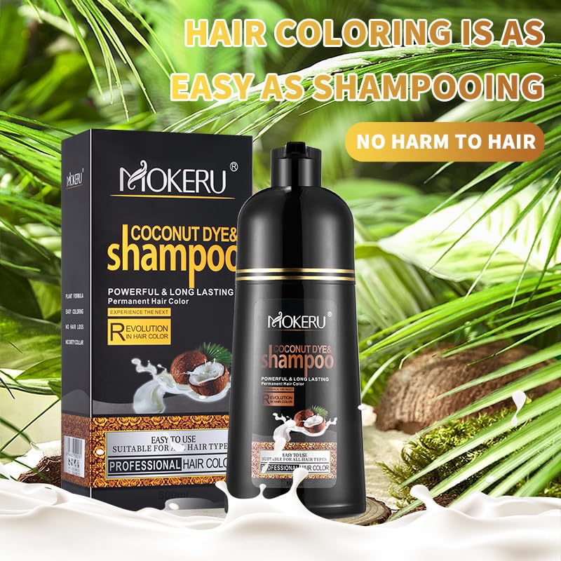 MOKERU Coconut Oil Black Hair Dye Shampoo for Gray Coverage - 3 in 1