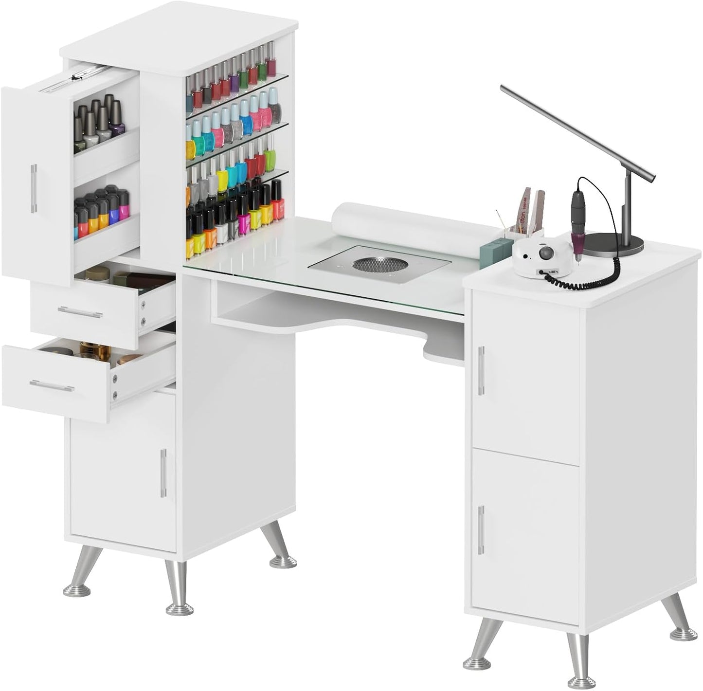 Manicure Table - Nail Station with Glass Top, Dust Collector & Storage Drawers | White Beauty Salon Workstation