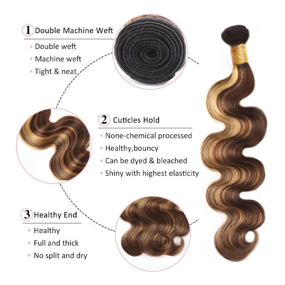 28 30 32 Inch Honey Blonde Bundles Human Hair 1B/27 Body Wave Bundles Brazilian Virgin Remy Hair Extensions 3 Tone Brown Mixed With Honey Blonde Body Wave Bundle