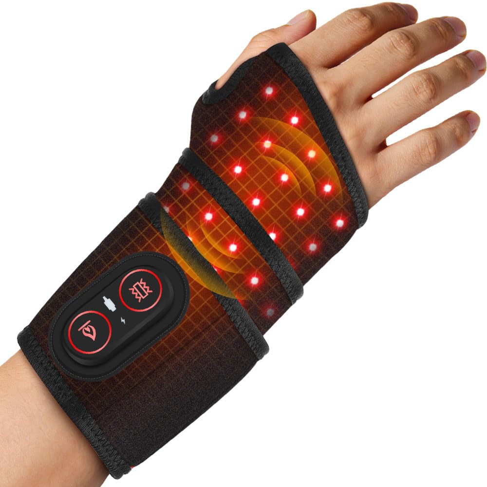 Cordless Wrist Hand Heating Pad Massage for Carpal Tunnel with Red Light, Hand Arthritis, Wrist Pain Relief, Heat Wrap Pad with 3000mAh Battery, Wrist Massager Vibration and Adjustable Heat Settings