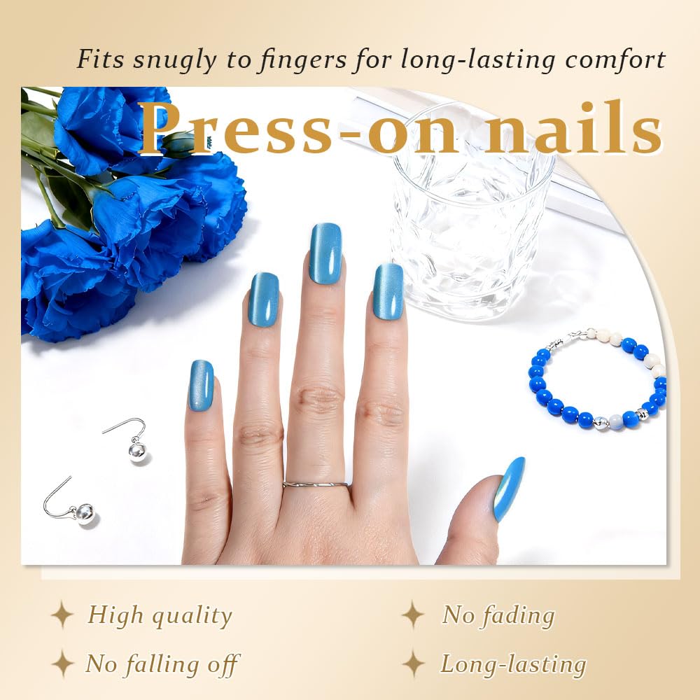 Aqua Blue Cat Eye Press-On Nails - Medium Square Chrome Design | Holographic Glitter Gel Acrylic Reusable