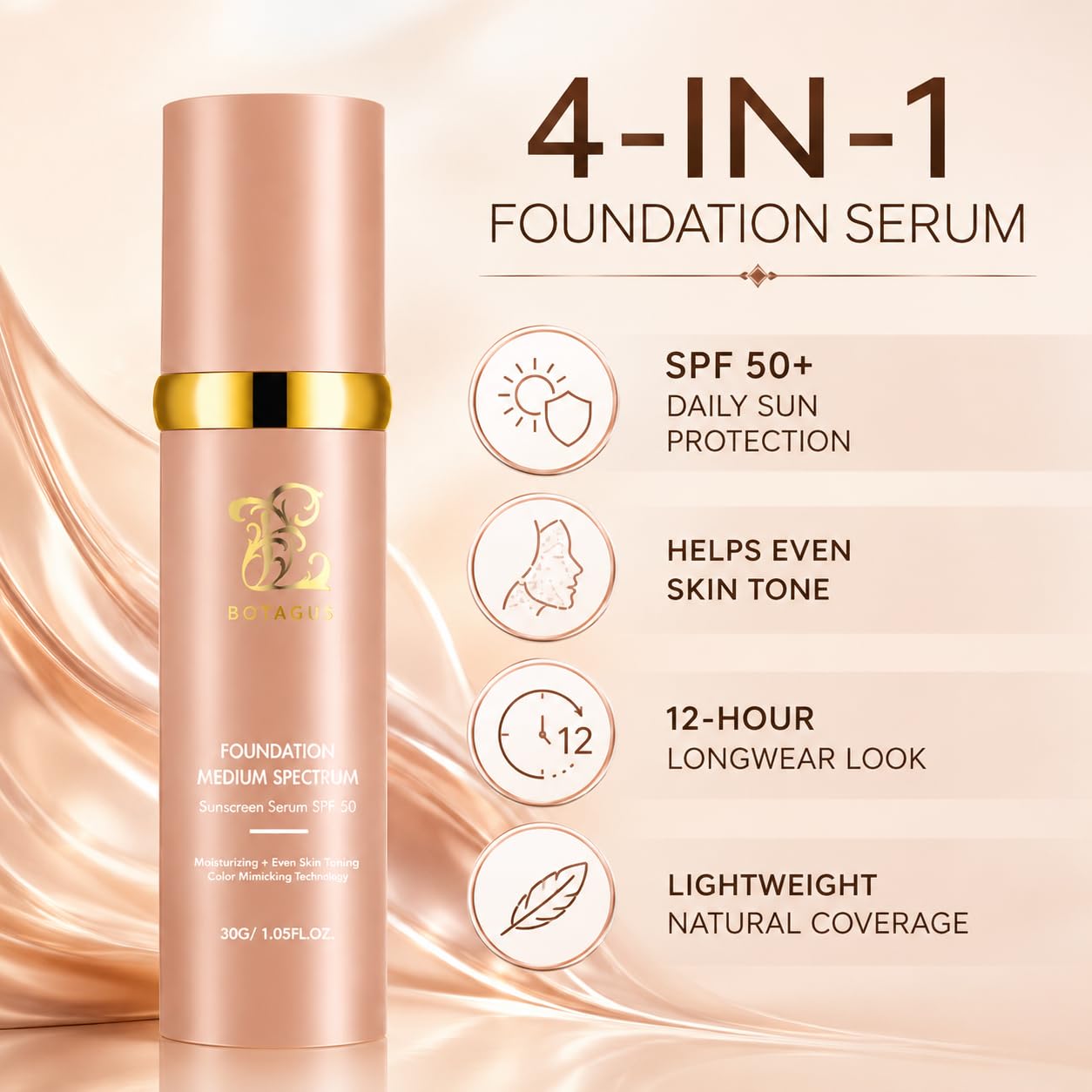 Color Changing Foundation - 4-in-1 Medium Spectrum Liquid Makeup with SPF 50+ | Lightweight, Waterproof, Longwearing (2 Pack)