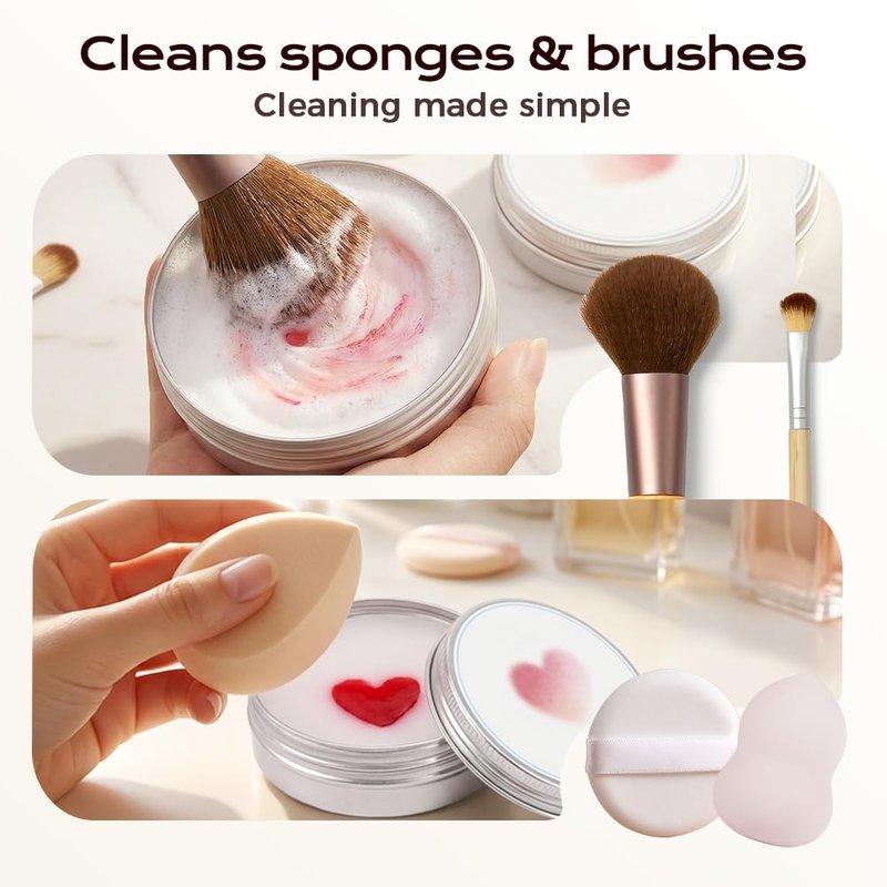 Makeup Brush Cleaner Soap - 2-in-1 Solid Balm with Silicone Cleaning Pad | Deep Clean Waterproof Makeup for All Brushes & Sponges (Heart 100g)