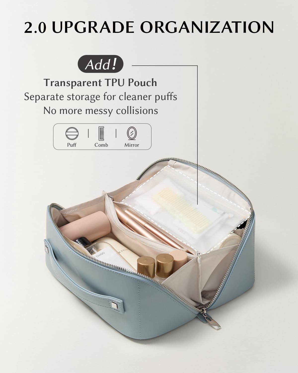 EACHY Travel Makeup Bag, 2.0 Cosmetic Bag for Women, Waterproof PU Leather,Flat Open Portable Toiletry Bag for Skincare, Brushes & Travel Essentials