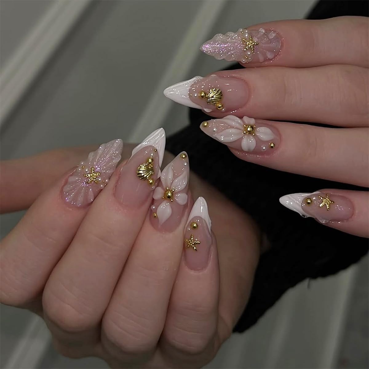 Short Almond Press-On Nails - 24 Pcs French Tip with Leopard Print & Gold Beads | Reusable Acrylic Nail Designs for Women