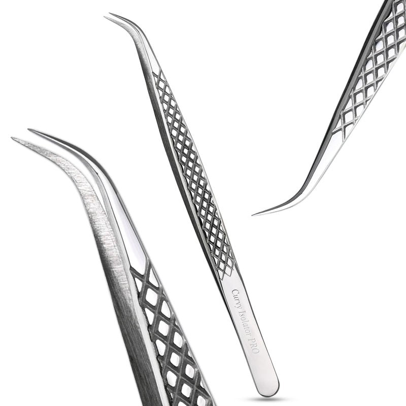 CrossEdge Corporation – 14 cm Curved Isolation Tweezer for Eyelash Extensions | Diamond Grip Handle & Silver Polish Finish | Precision Lash Tweezers for Classic & Volume Lashes