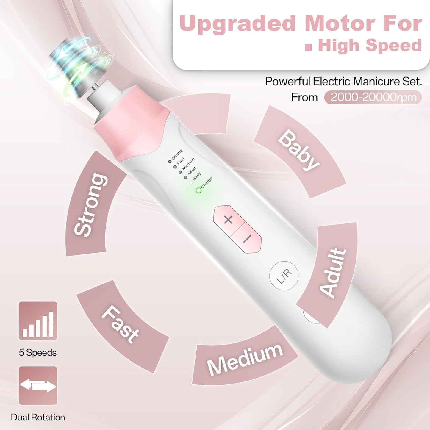 Electric Nail File Drill - Cordless 2000mAh Rechargeable Portable Nail Machine for Acrylic Manicure & Thick Toenails | Pink