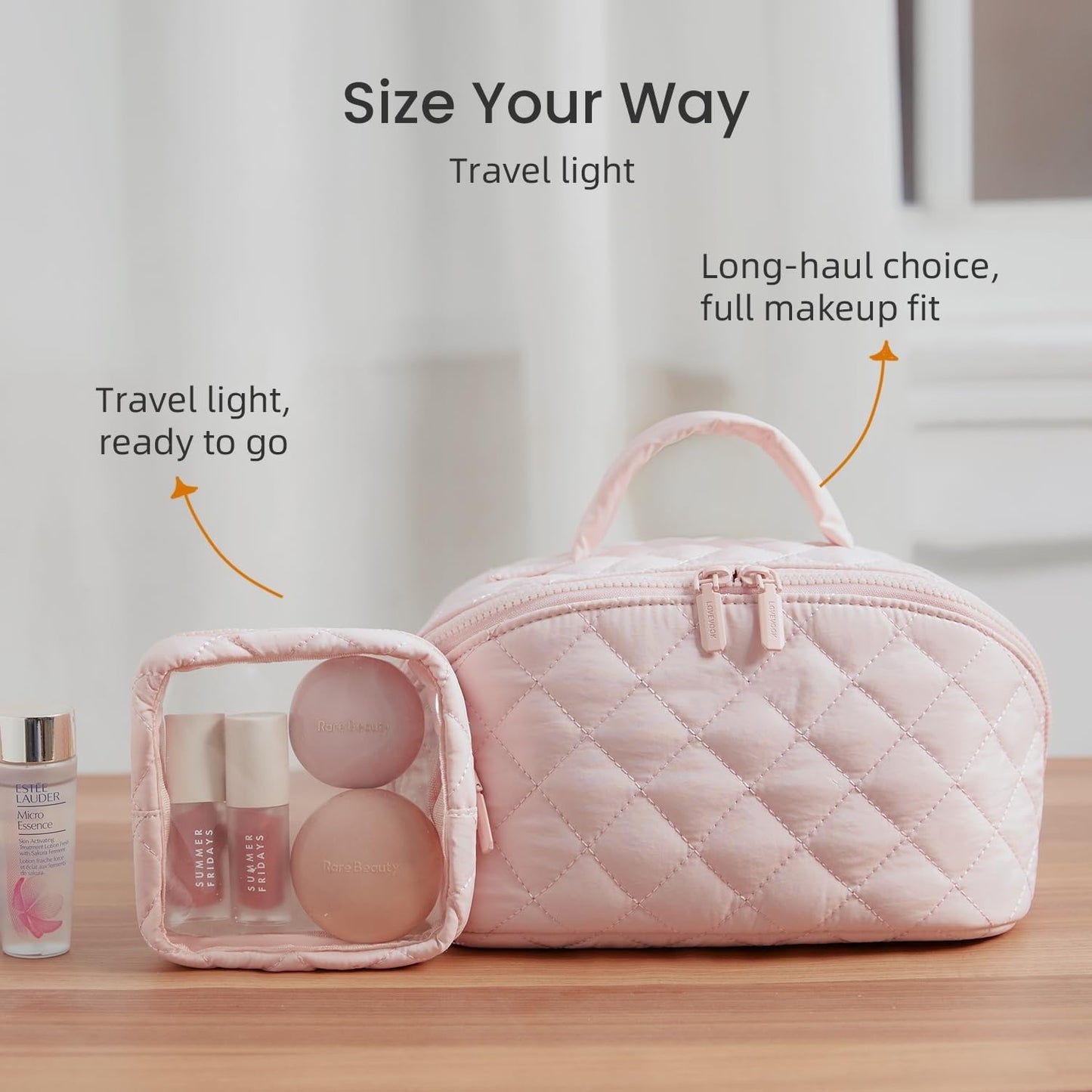 MANCREEK Puffy Makeup Bag for Woman， Wide Open Lay-Flat Water-Cosmetics Organizer，Padded Travel Toiletry Bag with Compartments Large Capacity makeup organizer Pouch (pink)