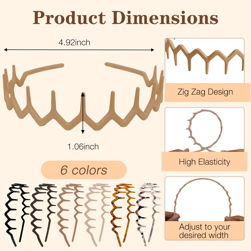 Zig Zag Headbands for Women - Non-Slip Plastic Hair Bands | 90s Retro Style, 6 Pack for Daily Use