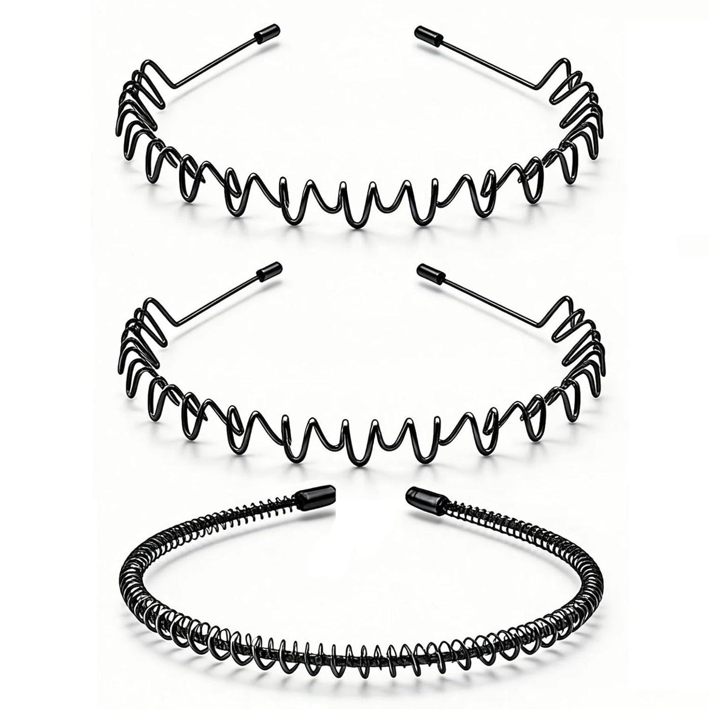 Adjustable Metal Headbands for Men & Women - Non-Slip Zigzag Design | 3 Pack Black Sports Hairbands for Running & Workouts