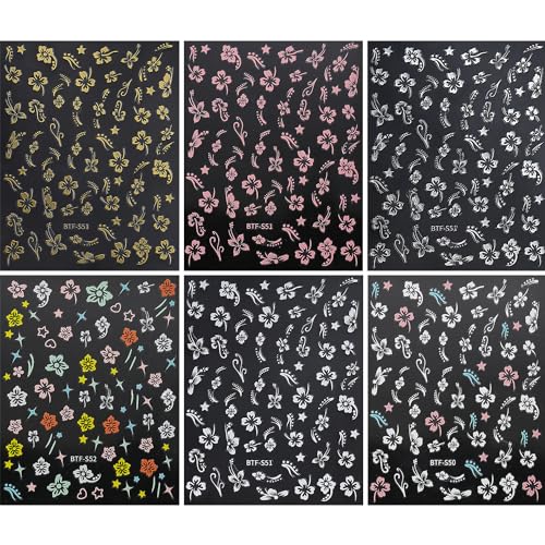 Hibiscus Flower Nail Stickers - 6 Sheets Self-Adhesive Tropical Decals