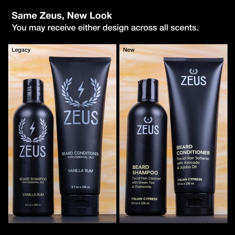 ZEUS Beard Wash Set for Men, Shampoo & Conditioner Duo with Green Tea, Chamomile & Essential Oils to Hydrates, Softens & Strengthens Facial Hair and Skin (Made in USA) Italian Cypress