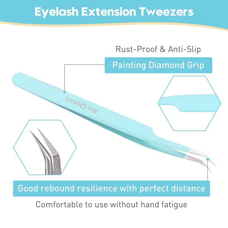 Ms.Queen Eyelash Extensions Tweezers,Professional Fiber Tip 45 Degree Lashing Tweezers for Volume Lash Extensions, Blue