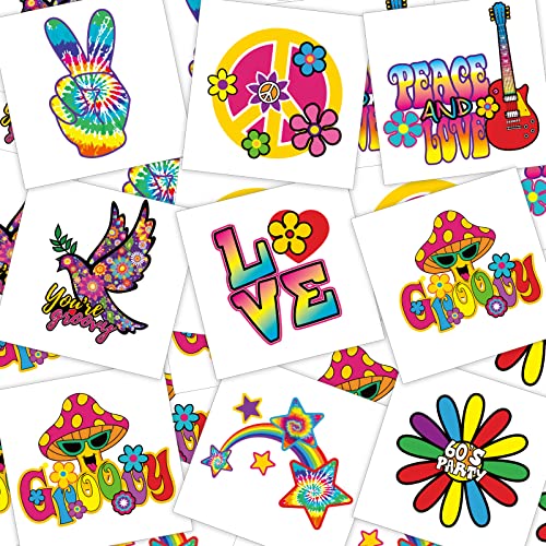 Chinco 144 Pcs Hippie Temporary Tattoo Stickers for 70s 80s 90s Party Favors
