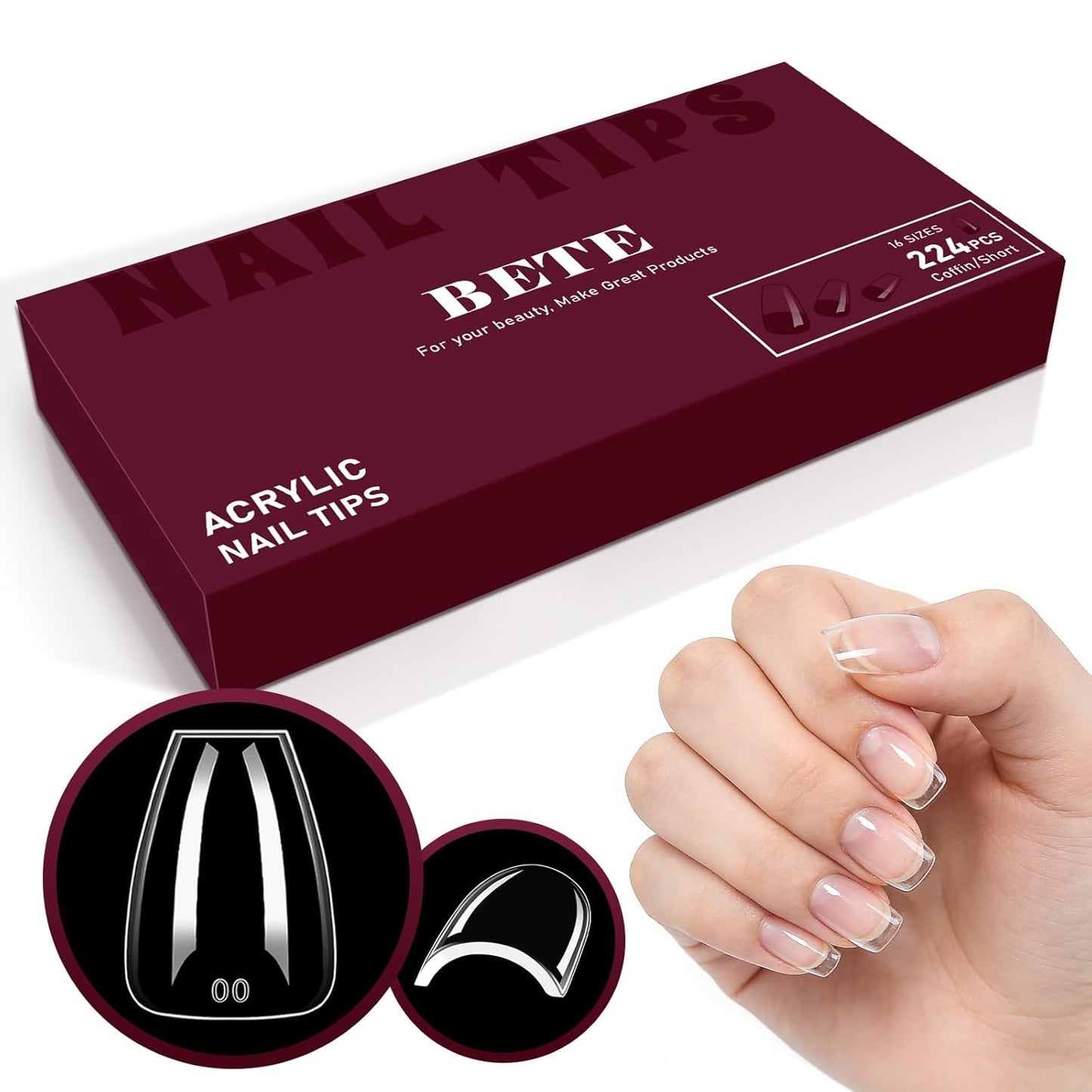 Medium Almond Clear Acrylic Nail Tips - 224 Pcs in 16 Sizes | Pre-Shaped Strong Press-On Nails for DIY Manicure