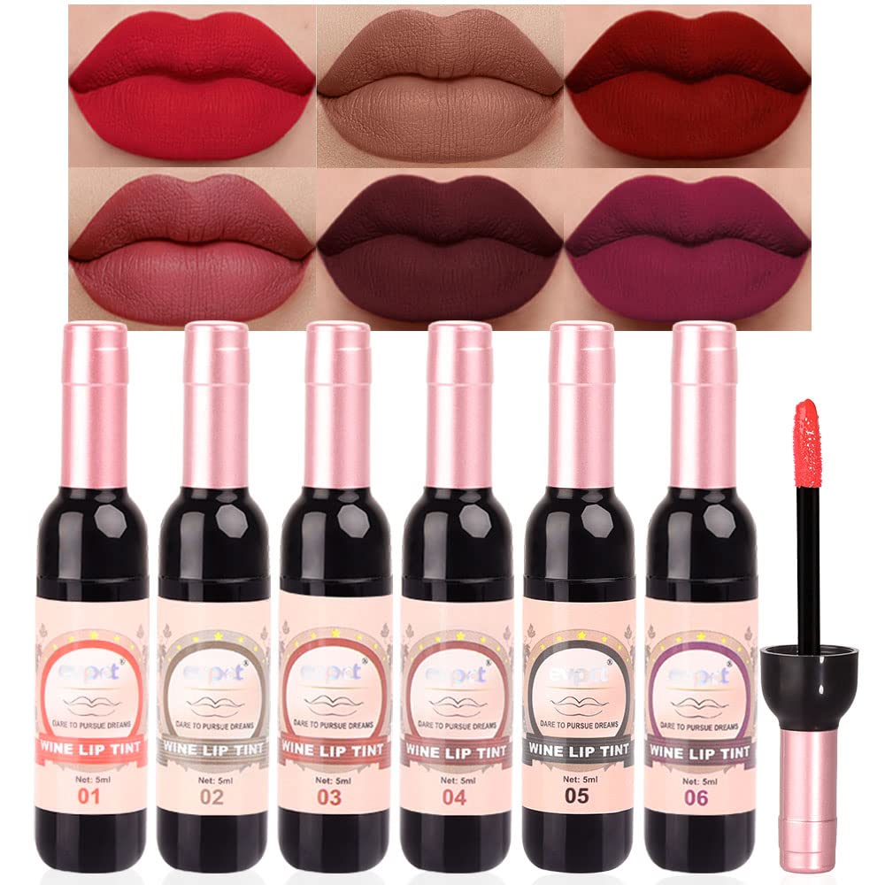 6Pcs Wine Bottle Lip Tint Stain Set - Long-Lasting Waterproof Lipstick | Ruby, Deep Rose, Plum, Brown