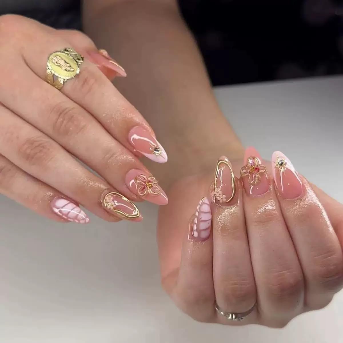 Press On Nails Almond - Medium Aurora Design Full Cover Fake Nails | 24 Pcs White Stick-On for Women