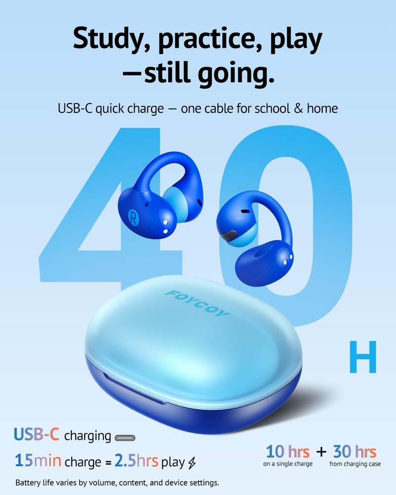 FOYCOY Kids Open Ear Earbuds - Clip-On Earbuds - 85 dB Volume Limit - Bluetooth 6.0, Built-in Mic, 40H Playtime, Silicone Pads, IPX5, Small Ears and Glasses Friendly, Ages 6-14, Blue