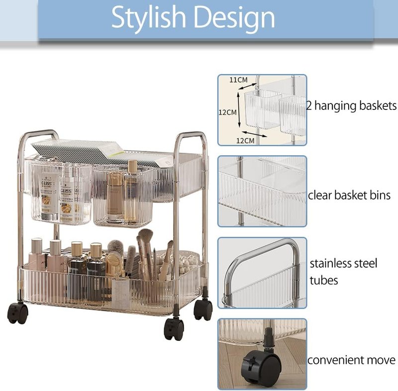 Utility Rolling Cart - 2-Tier Storage Organizer with Wheels | Mobile Trolley for Home, Office, Kitchen - Transparent