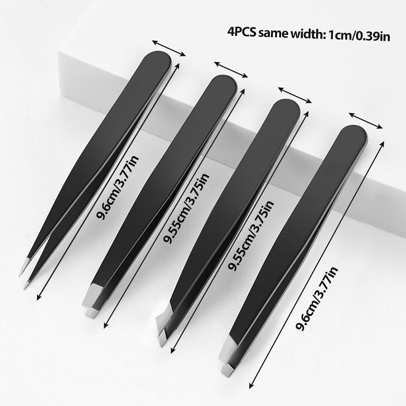 Stainless Steel Tweezers Set - 4-Piece Professional Grooming Tools for Eyebrows, Facial Hair & Splinters | High Precision (Black)