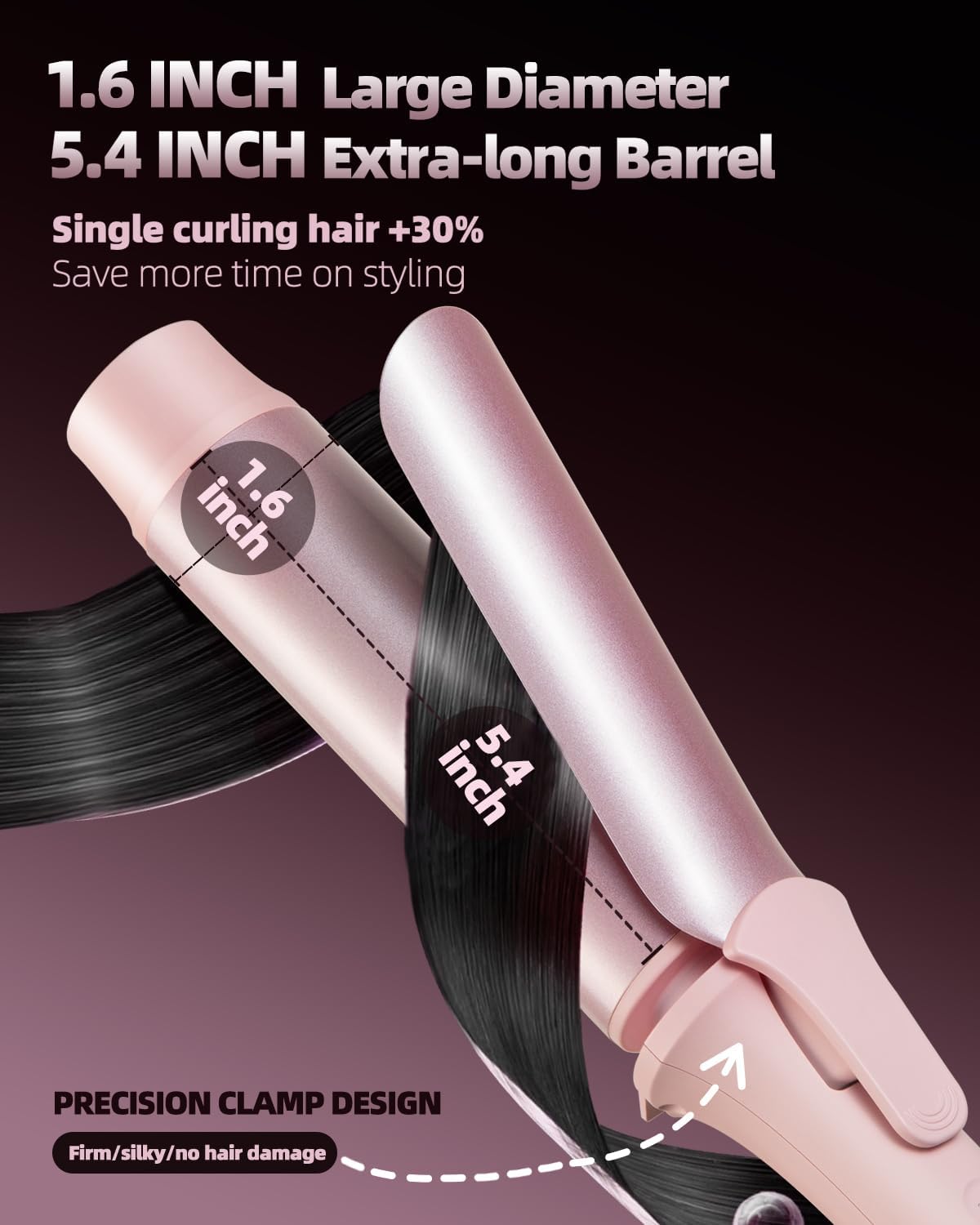 Large Hair Curling Wand - 1.6 Inch Ionic Ceramic Curling Iron with Auto Shut-Off & 3 Temp Settings | Pink