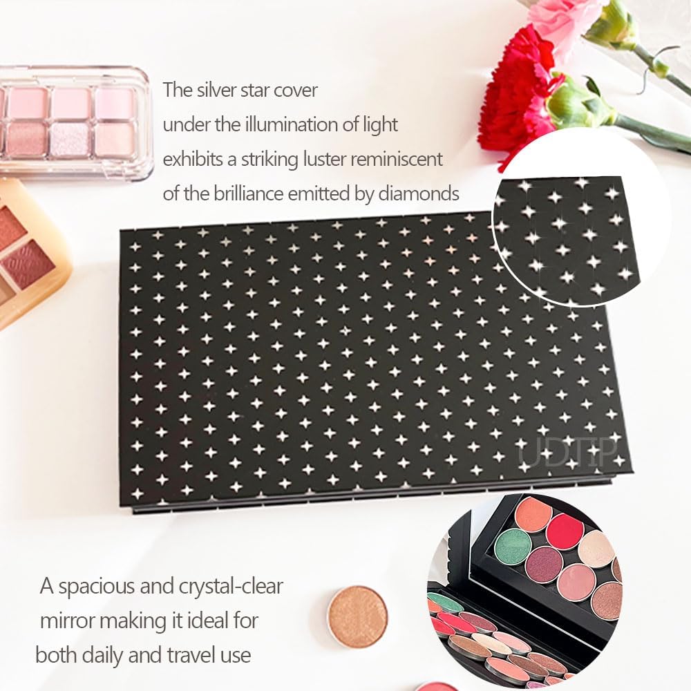 Magnetic Eyeshadow Makeup Palette - Double Layer Book Design with Mirror & 20 Adhesive Stickers | Silver Stars Cover