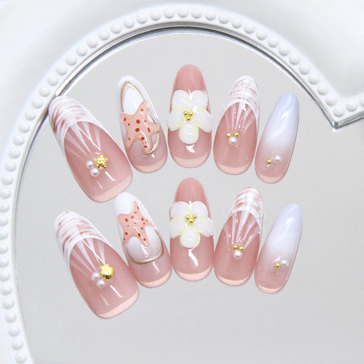 30Pcs Summer Press on Nails Medium Almond French Tip Fake Nails with 3D Ocean Seashell Starfish Designs Yellow Flower False Nails Pink Glossy Full Cover Water Ripples Acrylic Stick on Nails for Women